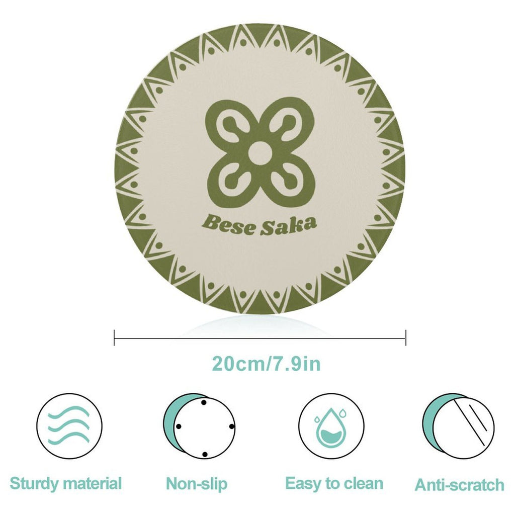 Bese Saka Round Cutting Board – Tempered Glass, 20 cm | UV-Printed Adinkra Symbol, Scratch-Resistant, Portable