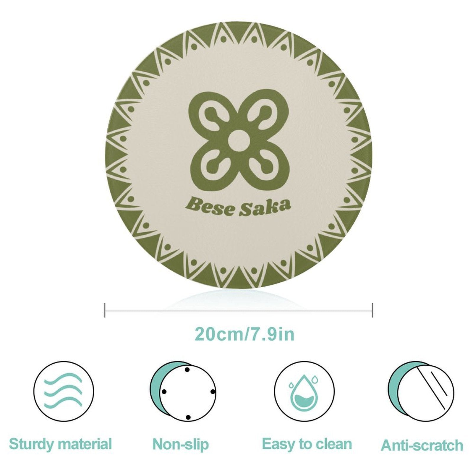 Bese Saka Round Cutting Board – Tempered Glass, 20 cm | UV-Printed Adinkra Symbol, Scratch-Resistant, Portable