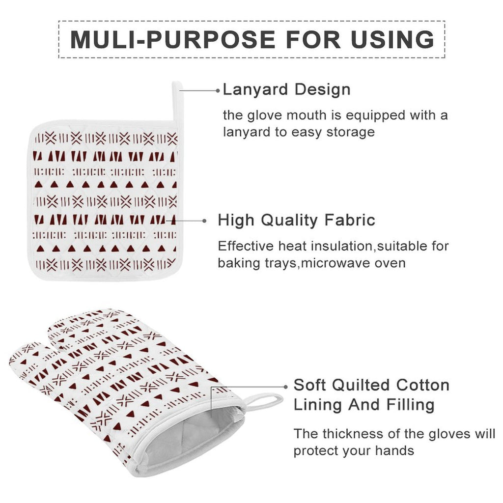 Mud Cloth Print Oven Mitt & Pot Holder Set | Heat-Resistant Kitchen Glove