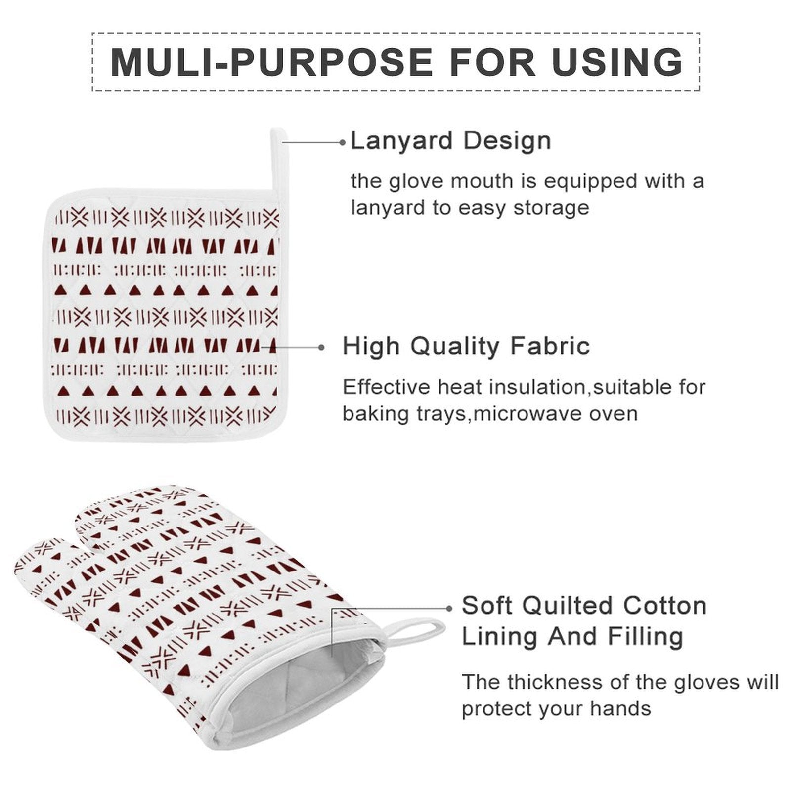 Mud Cloth Print Oven Mitt & Pot Holder Set | Heat-Resistant Kitchen Glove