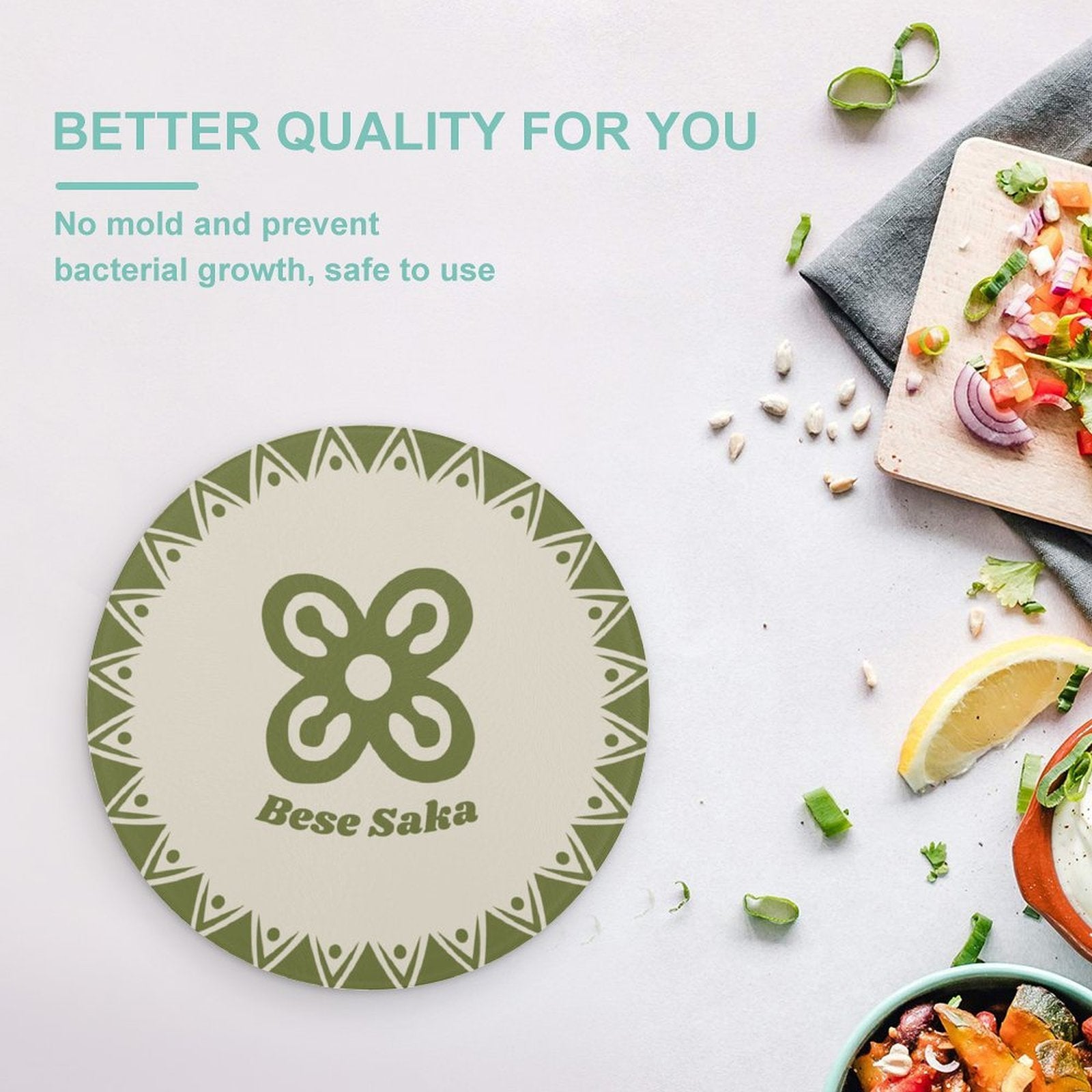 Bese Saka Round Cutting Board – Tempered Glass, 20 cm | UV-Printed Adinkra Symbol, Scratch-Resistant, Portable