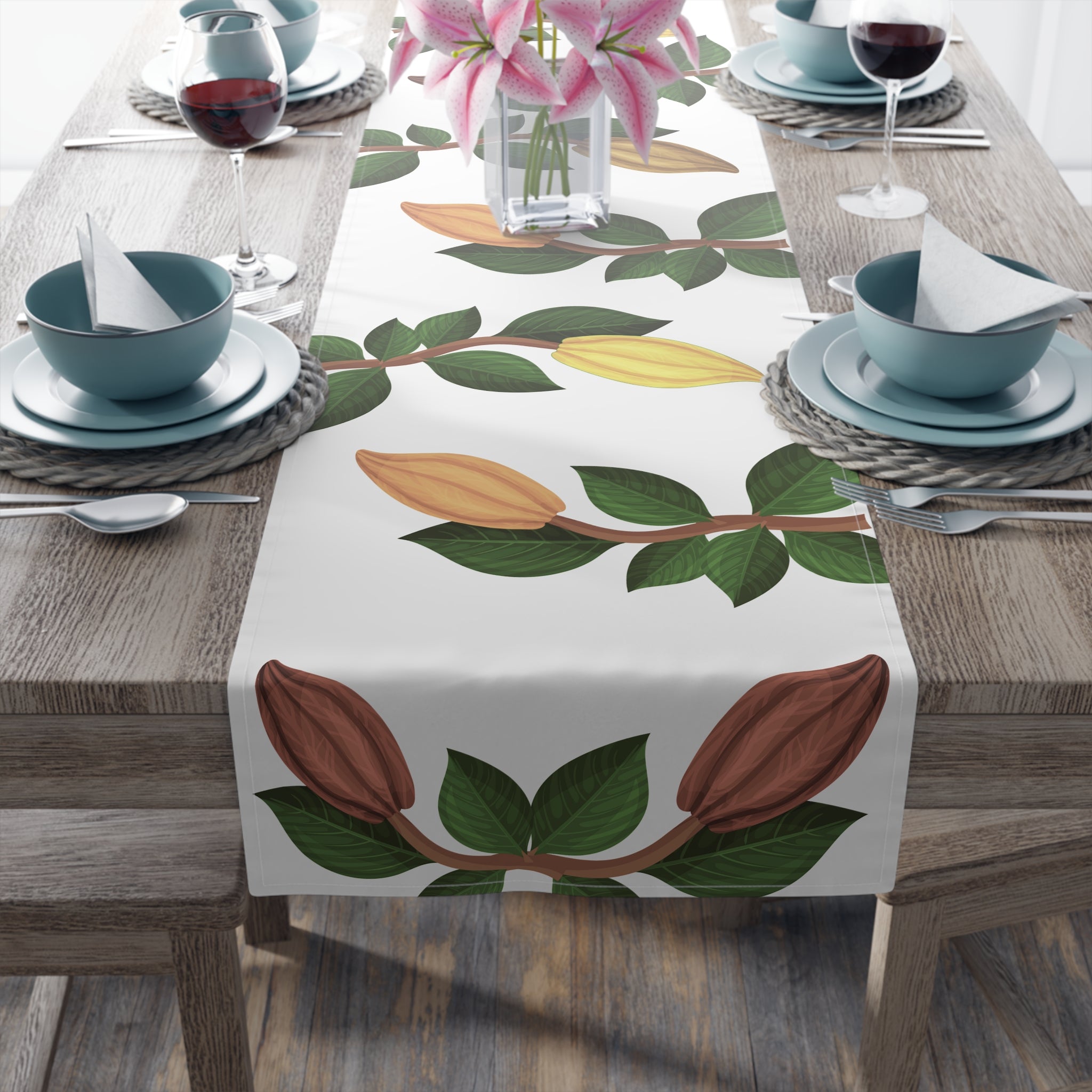 Nsoko Table Runner – Botanical Seed Pod Vine | 16"x72" or 16"x90" | Cotton Twill or Polyester | Hemmed Edges