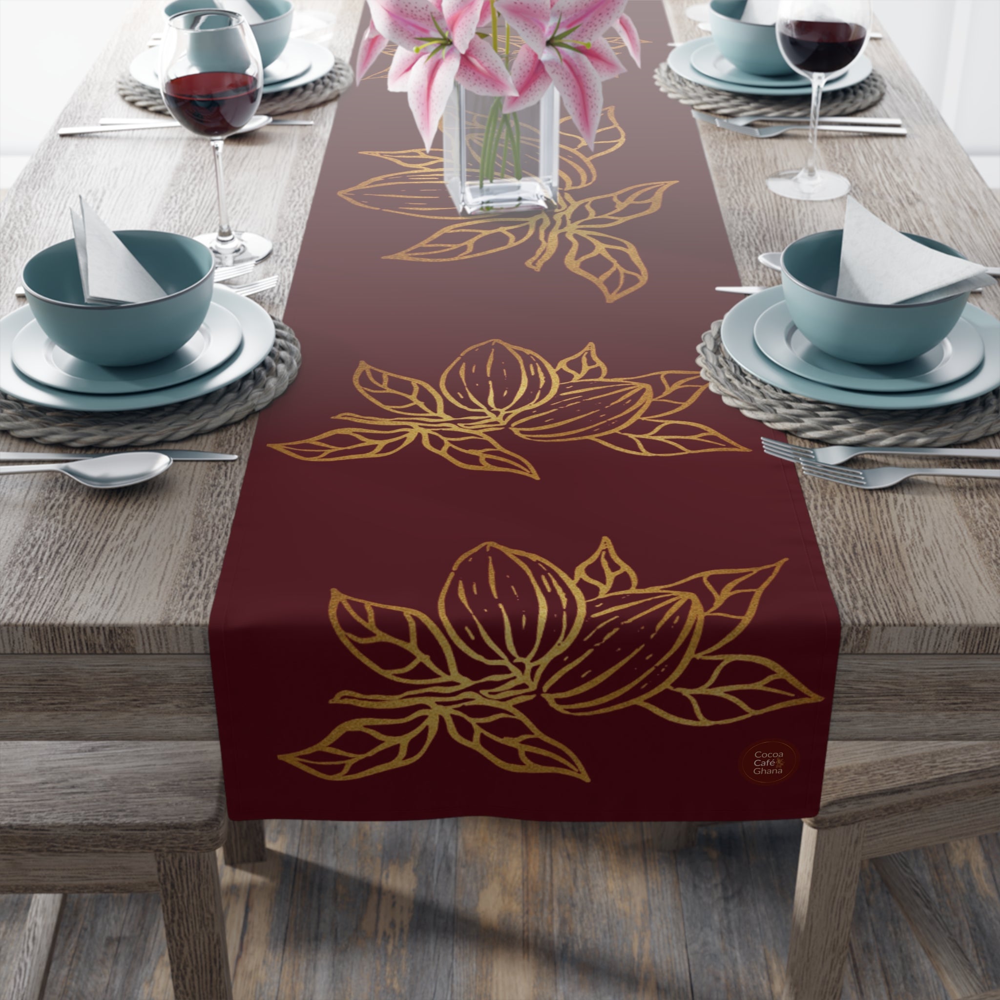 Cocoa Cafe Signature Collection Cocoa Pods Table Runner – Chocolate Brown & Gold Abstract | 16"x72" or 16"x90" | Polyester or Cotton Twill