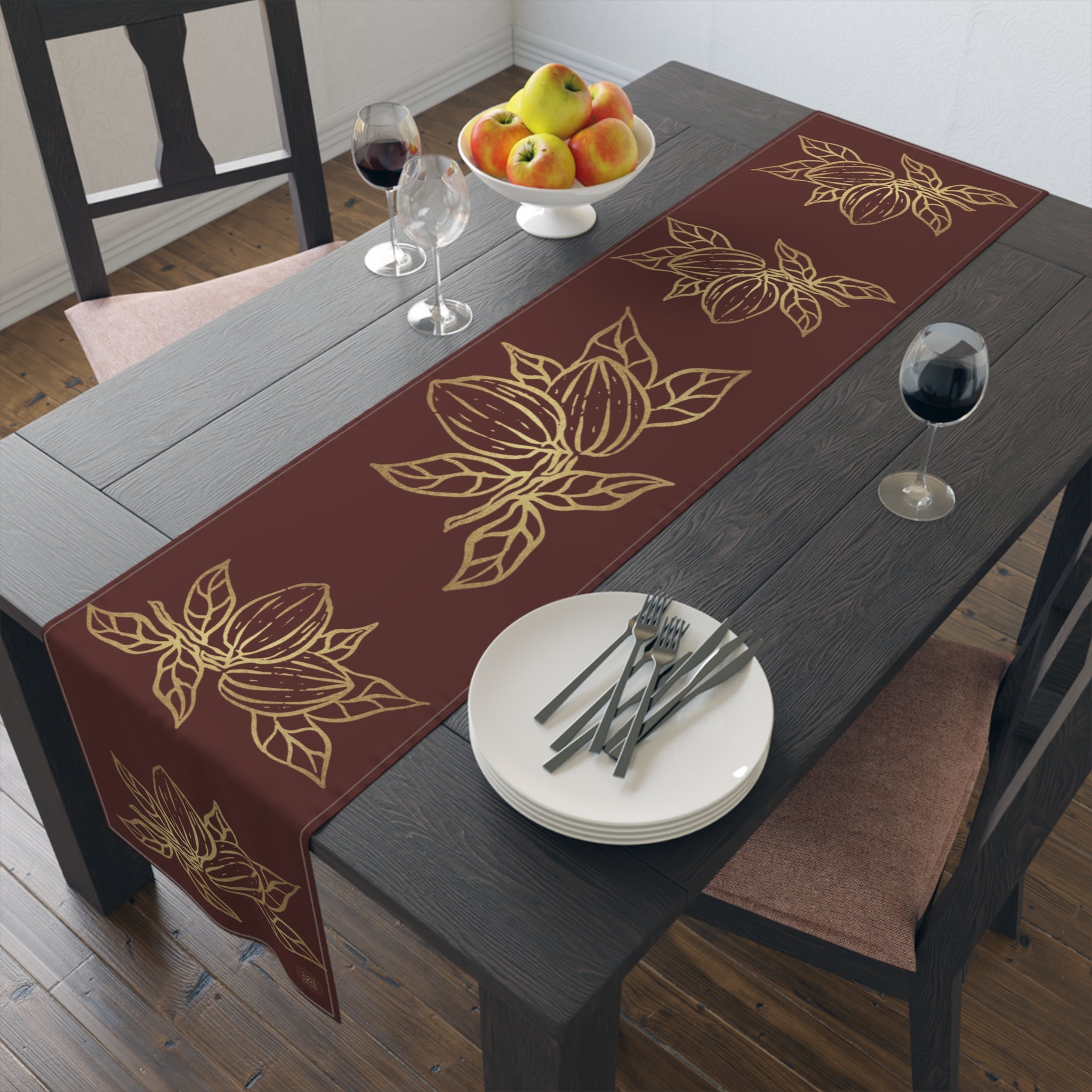 Cocoa Cafe Signature Collection Cocoa Pods Table Runner – Chocolate Brown & Gold Abstract | 16"x72" or 16"x90" | Polyester or Cotton Twill