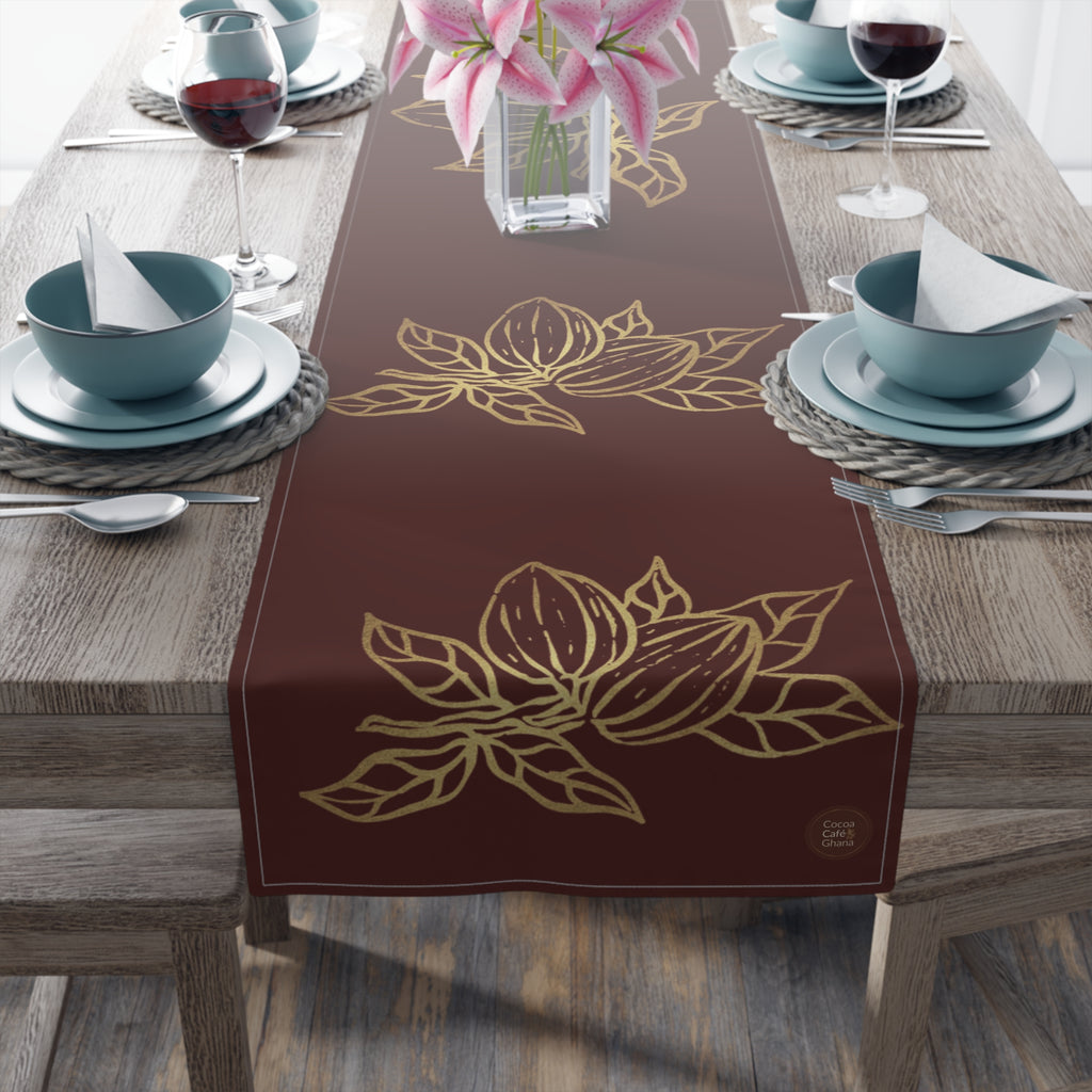 Cocoa Cafe Signature Collection Cocoa Pods Table Runner – Chocolate Brown & Gold Abstract | 16"x72" or 16"x90" | Polyester or Cotton Twill