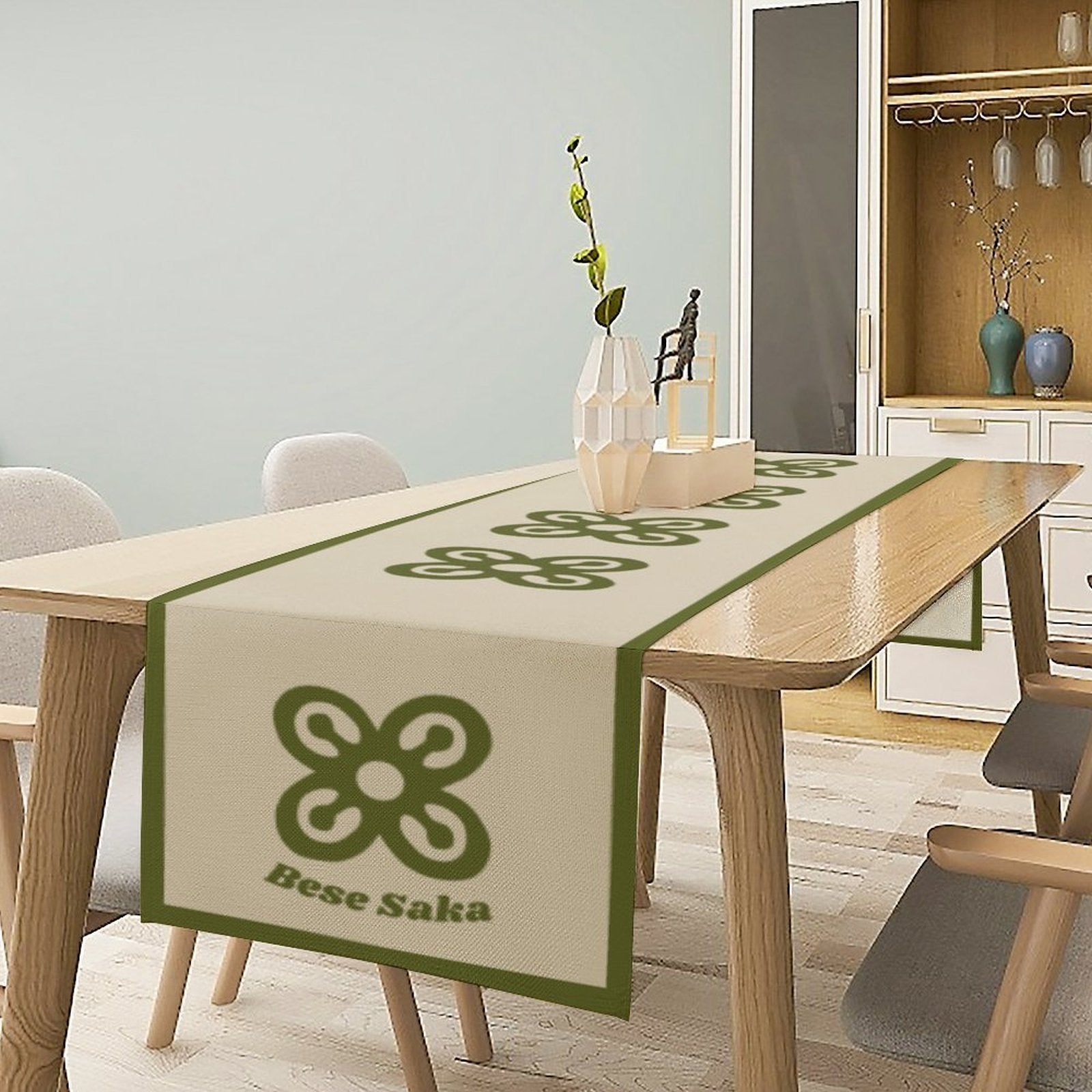 Bese Saka Linen Table Runner – 184x34 cm | Adinkra Symbol of Abundance & Unity | Soft, Durable, Machine Washable