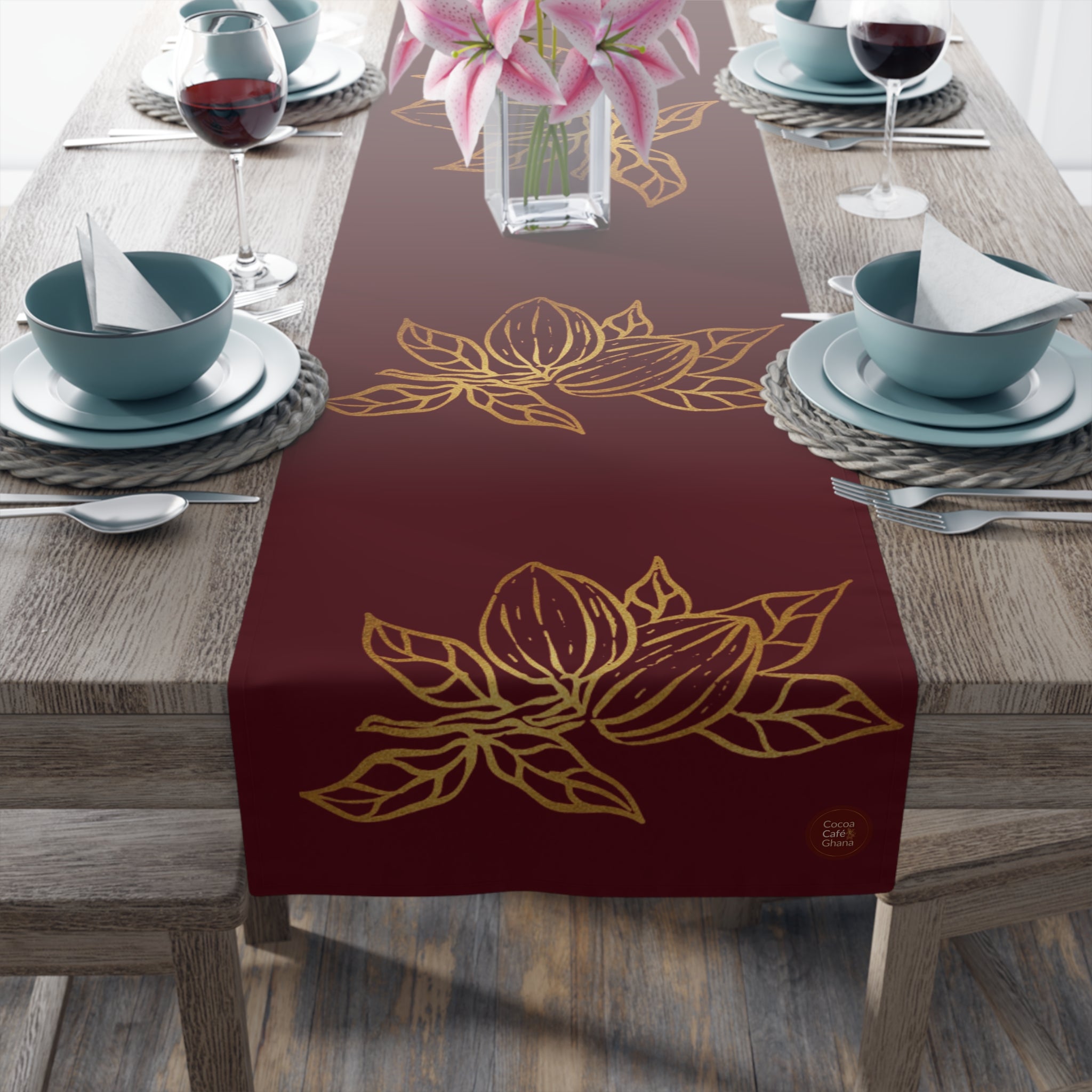 Cocoa Cafe Signature Collection Cocoa Pods Table Runner – Chocolate Brown & Gold Abstract | 16"x72" or 16"x90" | Polyester or Cotton Twill