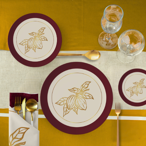 Cocoa Cafe Signature Collection – Kitchen & Tableware with Gold Cocoa Pods or Logo | Supports Ghana Cocoa Academy