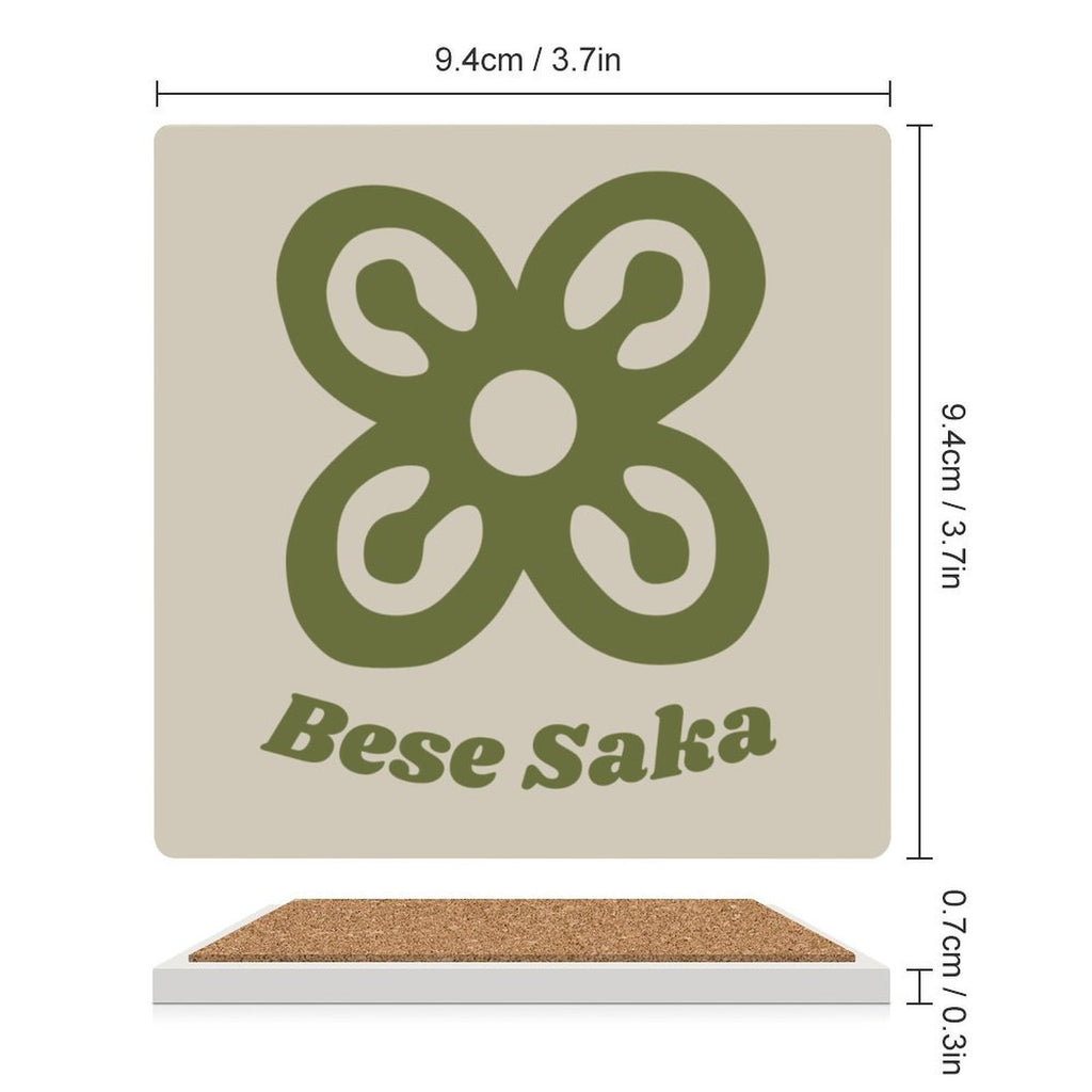Bese Saka Coasters – Set of 4 or 6 | Ceramic with Cork Backing, Non-Slip, UV Print, 9.4 cm Square (Abundance Symbol)