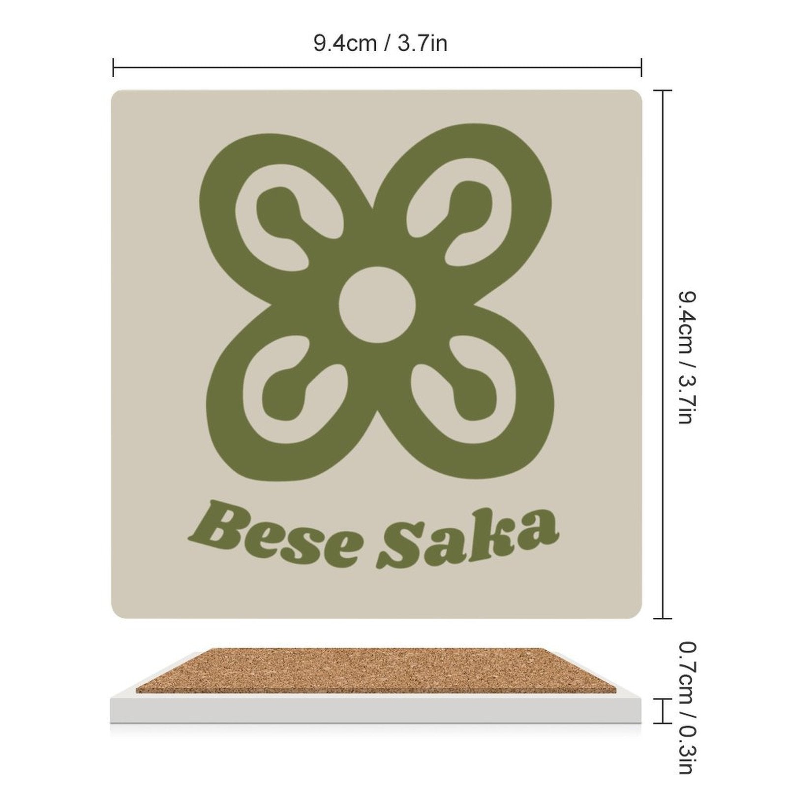 Bese Saka Coasters – Set of 4 or 6 | Ceramic with Cork Backing, Non-Slip, UV Print, 9.4 cm Square (Abundance Symbol)