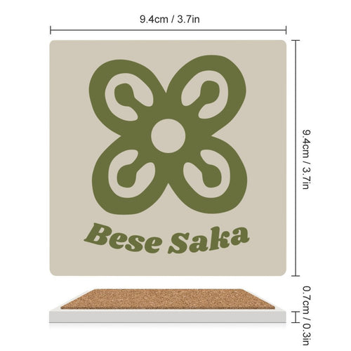 Bese Saka Coasters – Set of 4 or 6 | Ceramic with Cork Backing, Non-Slip, UV Print, 9.4 cm Square (Abundance Symbol)
