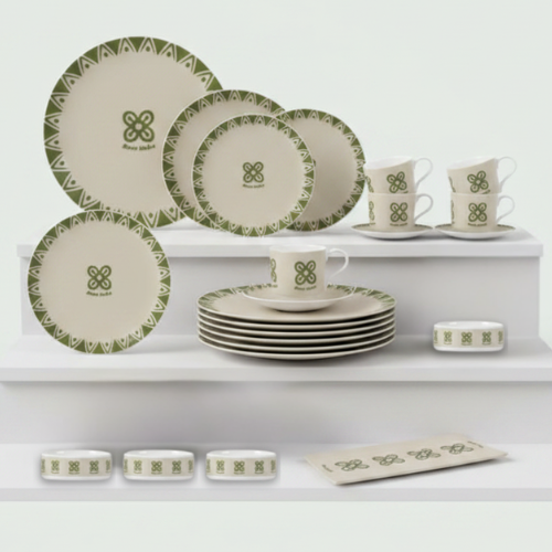 Bese Saka 16‑Piece Dinner Set – Serves 4 + Serving Tray | Adinkra Abundance Symbol, Dishwasher Safe, Supports Ghana Cocoa Academy