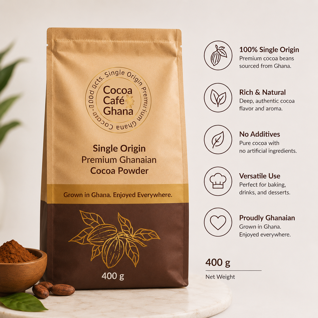 Single Origin Ghana Cocoa Powder – 400g Pure, rich, and crafted from the world's best cocoa beans.