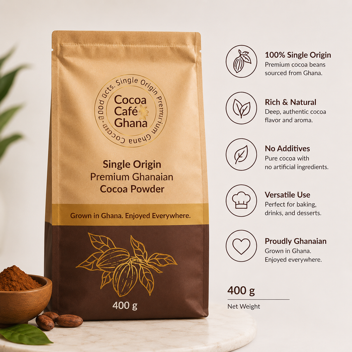 Single Origin Ghana Cocoa Powder – 400g Pure, rich, and crafted from the world's best cocoa beans.