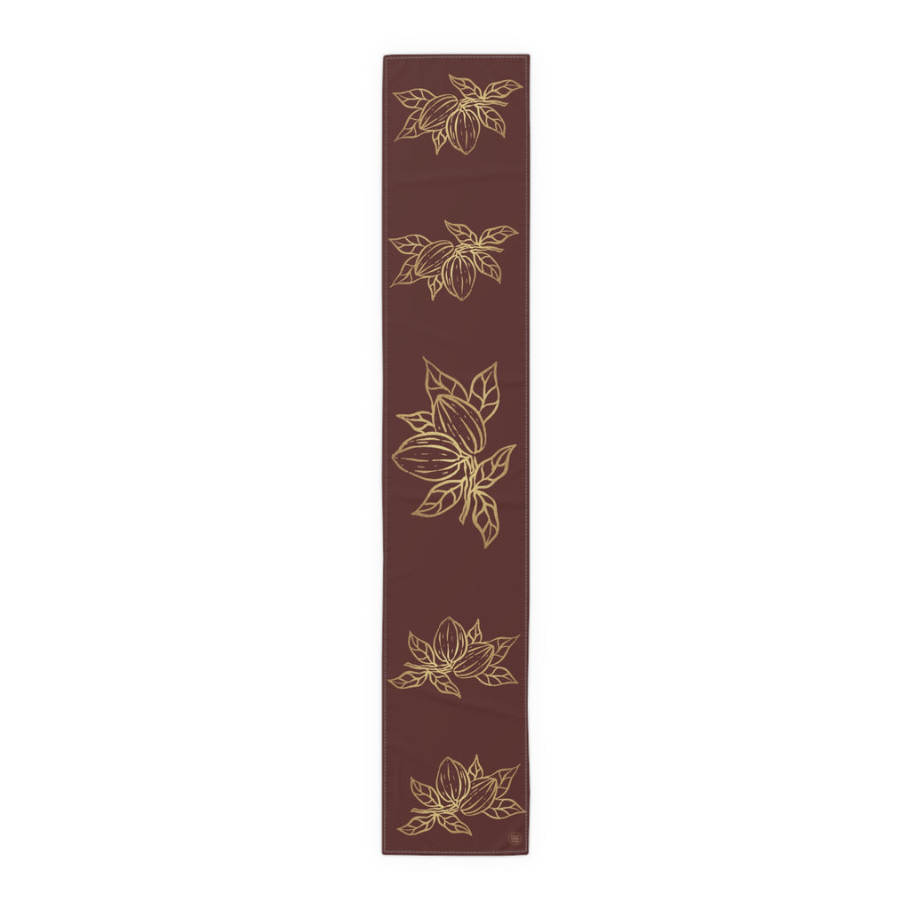 Cocoa Cafe Signature Collection Cocoa Pods Table Runner – Chocolate Brown & Gold Abstract | 16"x72" or 16"x90" | Polyester or Cotton Twill