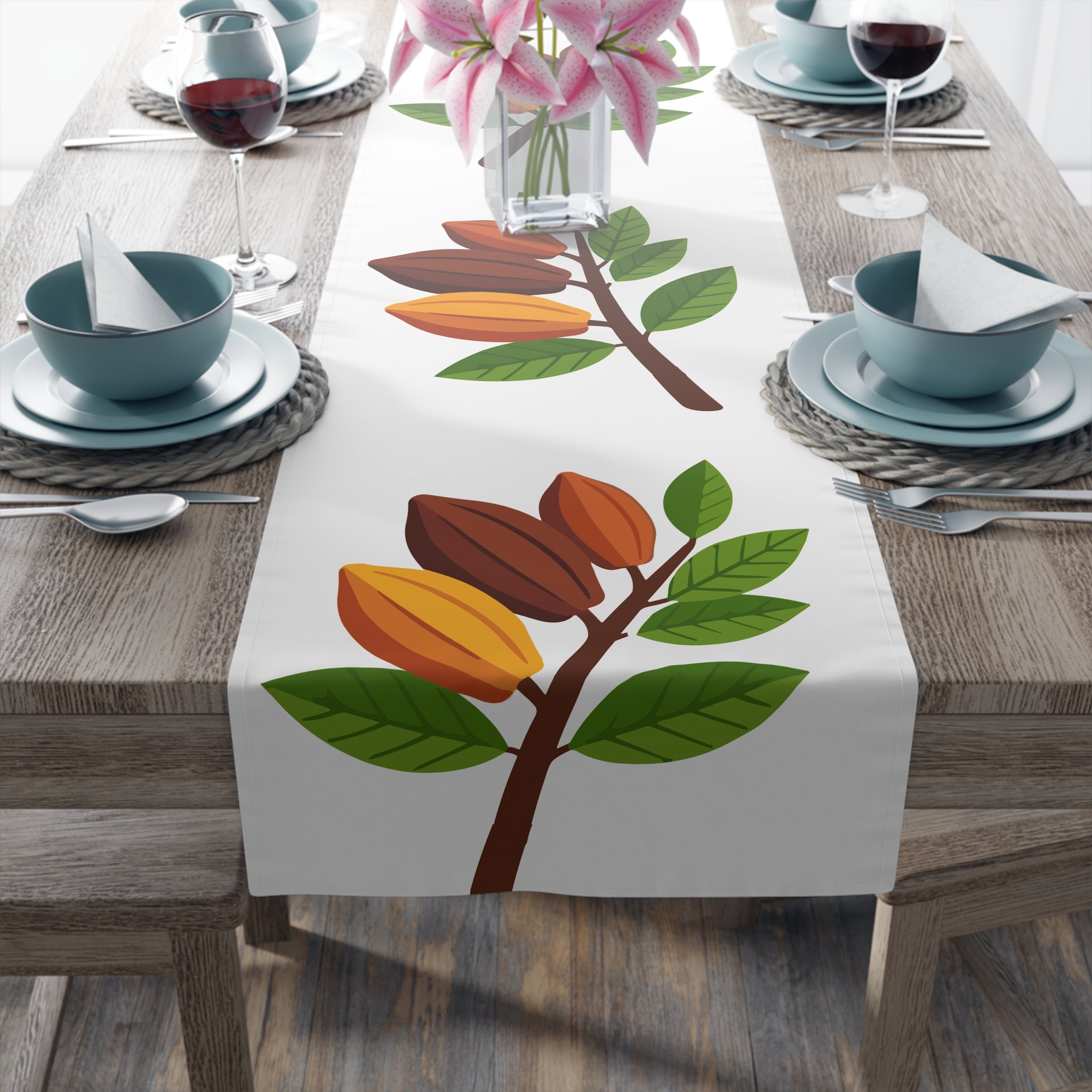 Nsoko Pods Table Runner – Polyester, Botanical Seed Pod Vine | 16"x72" or 16"x90" | Hemmed Edges, Machine Washable