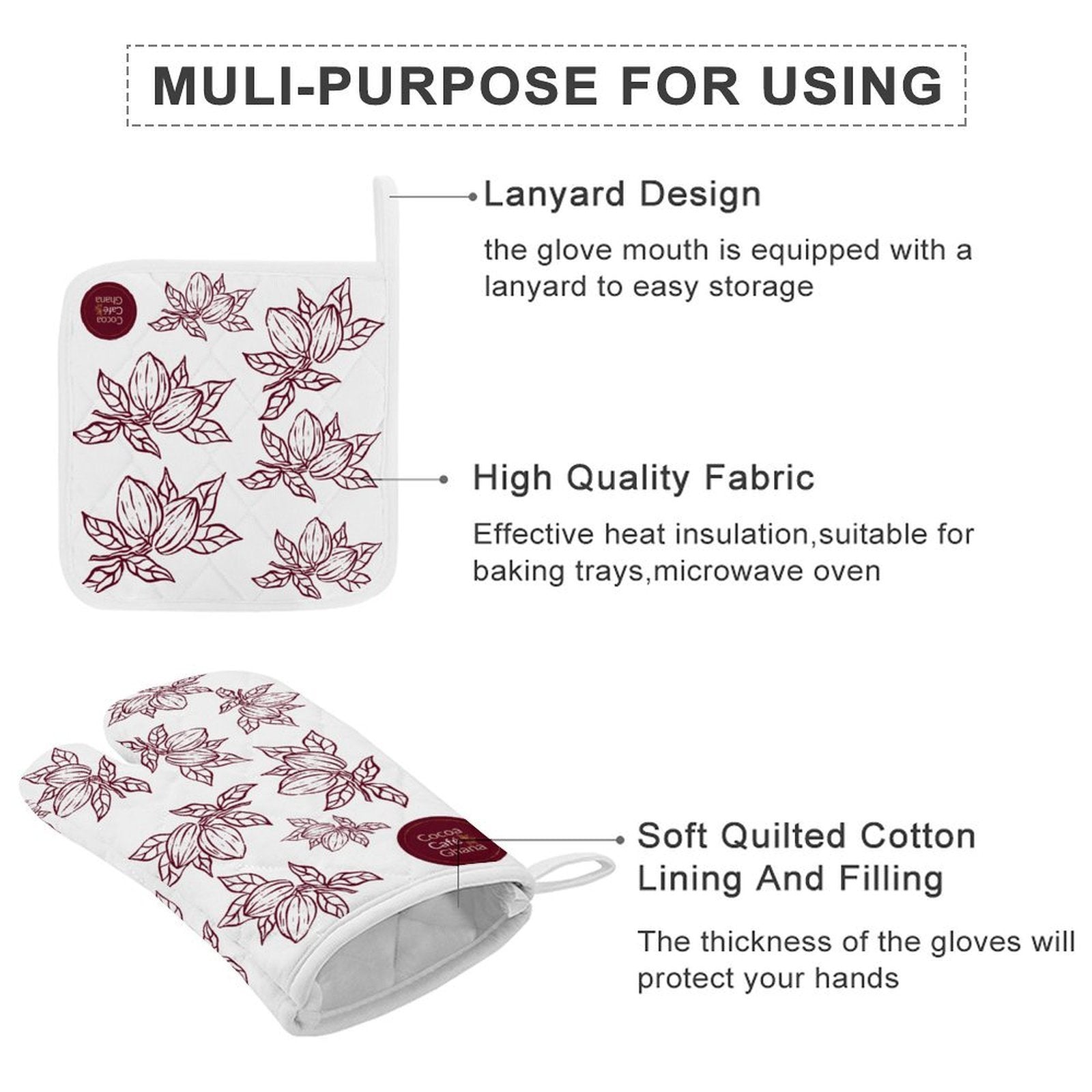 Cocoa Cafe Signature Collection – Oven Mitt & Pot Holder Set | 100% Polyester, Heat-Resistant, Built-in Loop, Regular Siz