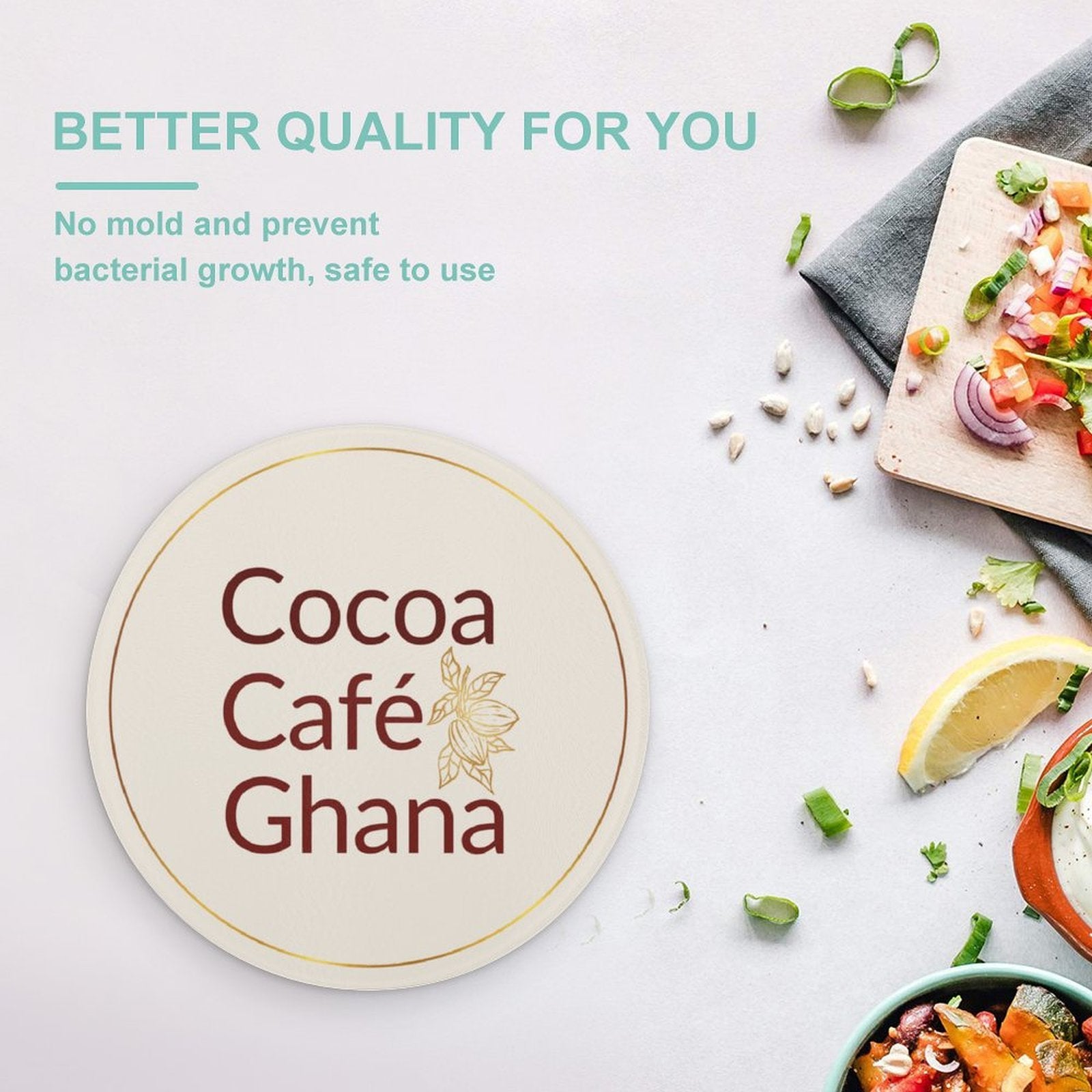 Cocoa Cafe Signature Collection – Tempered Glass Round Chopping Board | 20 cm, UV Print, Scratch-Resistant, Portable