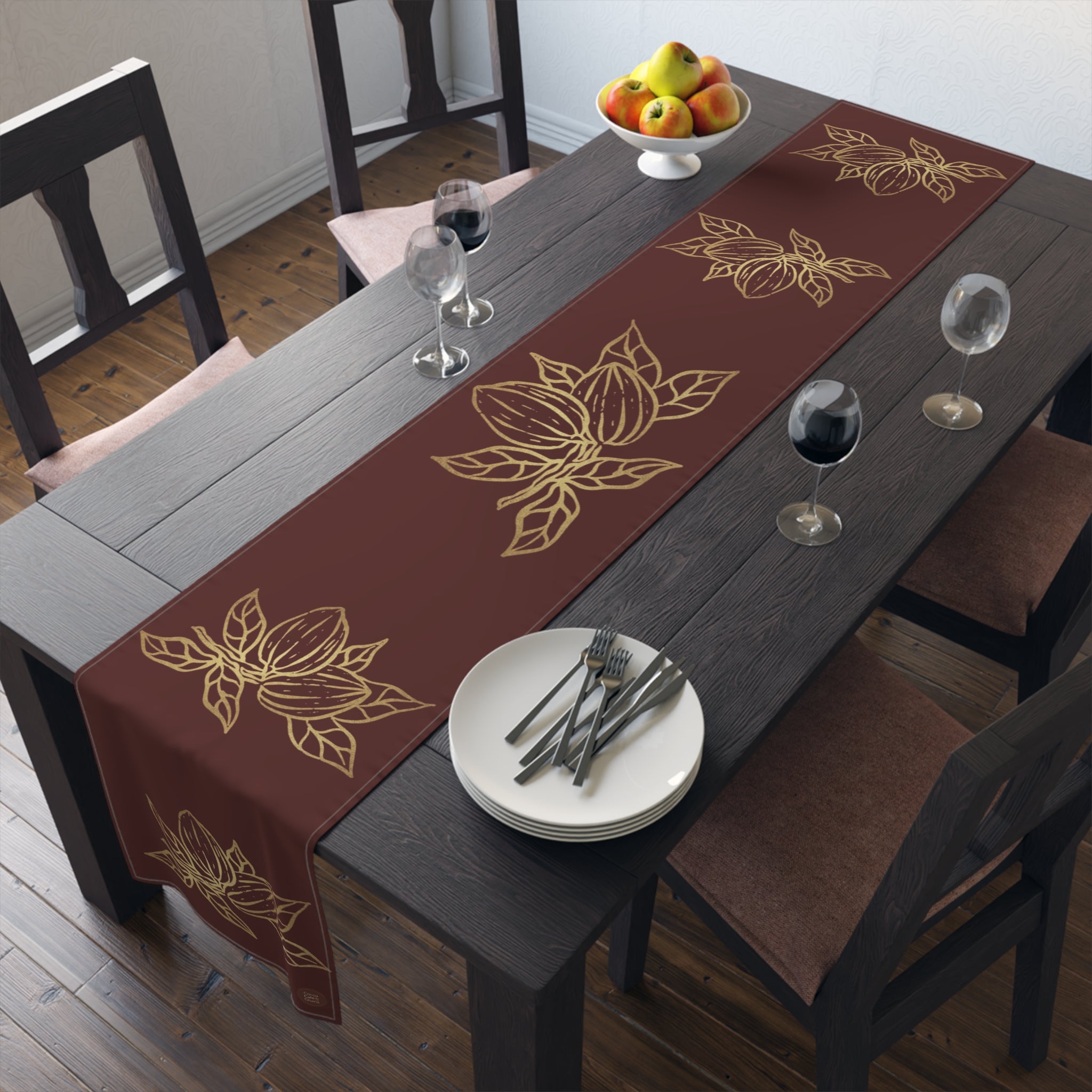 Cocoa Cafe Signature Collection Cocoa Pods Table Runner – Chocolate Brown & Gold Abstract | 16"x72" or 16"x90" | Polyester or Cotton Twill