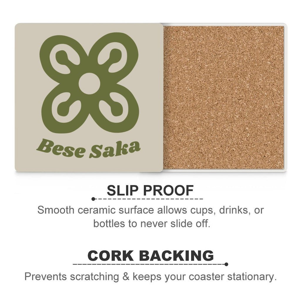 Bese Saka Coasters – Set of 4 or 6 | Ceramic with Cork Backing, Non-Slip, UV Print, 9.4 cm Square (Abundance Symbol)