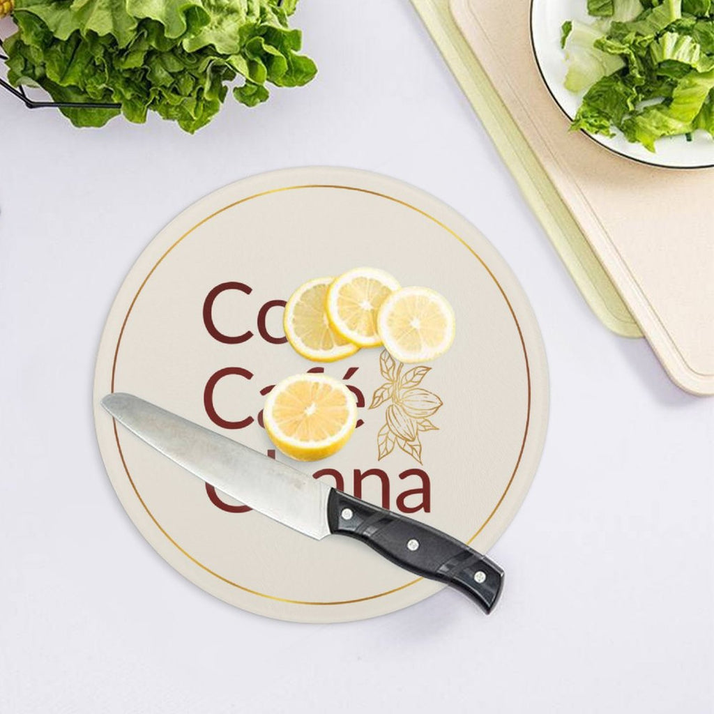 Cocoa Cafe Signature Collection – Tempered Glass Round Chopping Board | 20 cm, UV Print, Scratch-Resistant, Portable