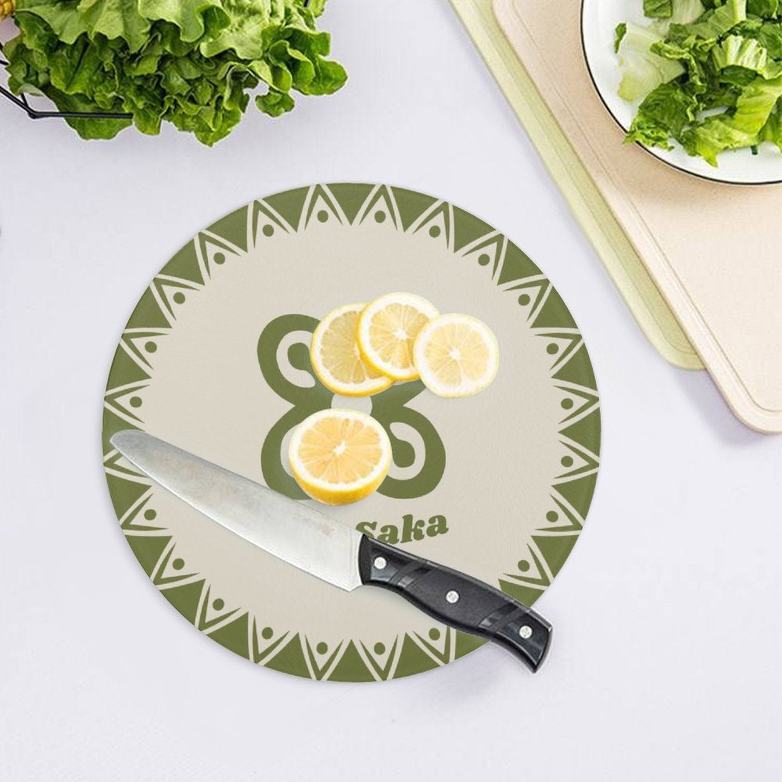 Bese Saka Round Cutting Board – Tempered Glass, 20 cm | UV-Printed Adinkra Symbol, Scratch-Resistant, Portable