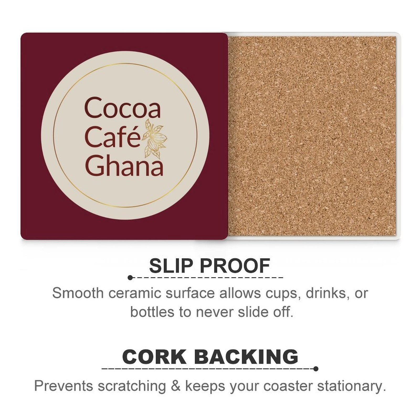 Cocoa Cafe Signature Collection Ceramic Coasters – Set of 4 or 6 | Cork Backing, Non-Slip, UV Print, 9.4 cm Square (Heat & Moisture Resistant)
