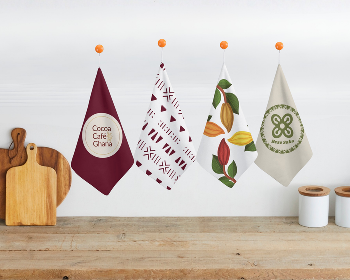 Kitchen Towel Bundle of 4 – Four Original Ghanaian Designs | Mud Cloth, Nsoko Pods, Bese Saka, Cocoa Café Signature | 100% Cotton, Made to Order