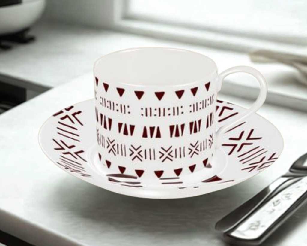 Mud Cloth Print Dinner Set – Service for 4 + Bone China Tray | Bold West African Pattern, Dishwasher Safe, Supports Ghana Cocoa Academy