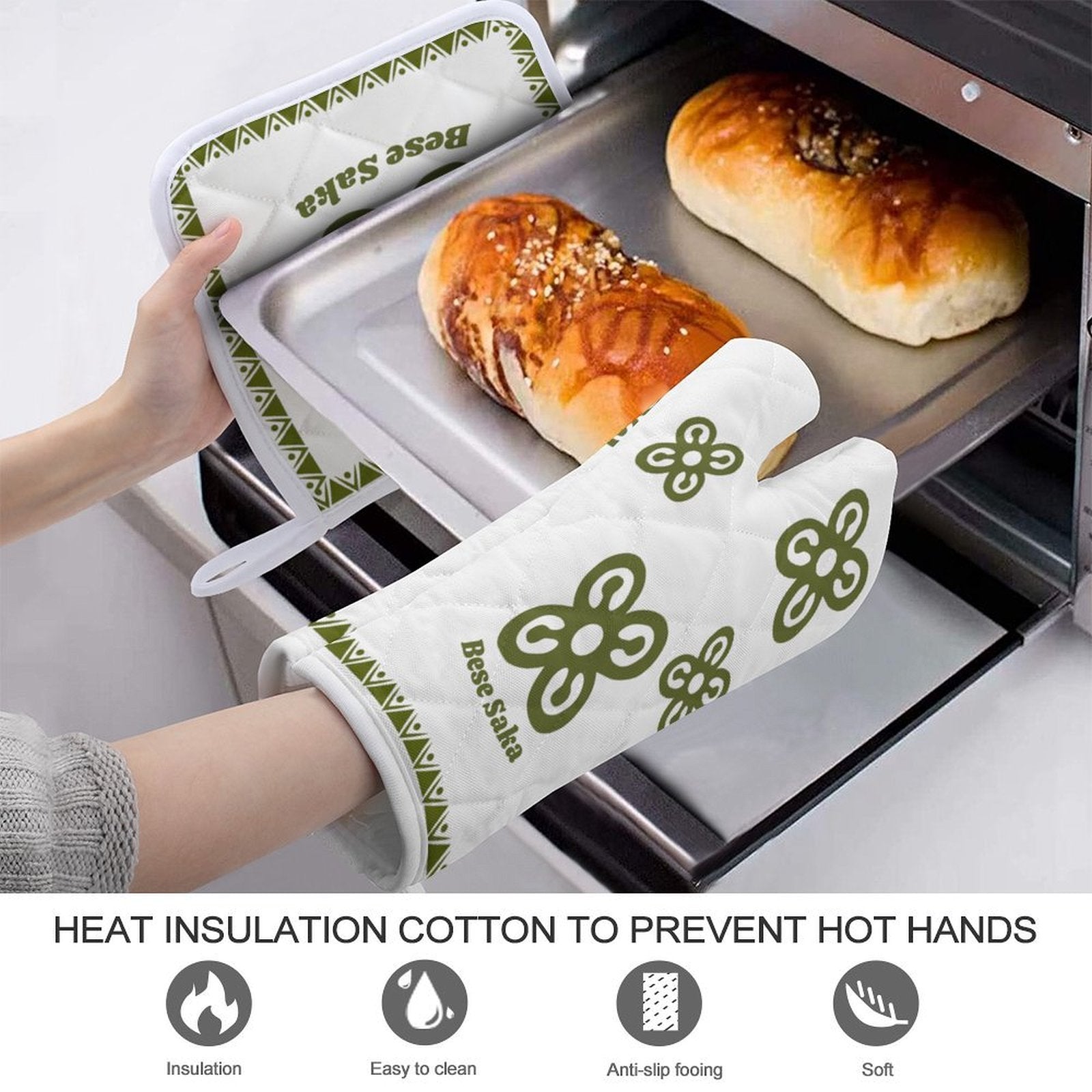 Bese Saka Oven Mitts & Pot Holder Set – 100% Polyester, Heat-Resistant, Built-in Loop, Regular Size (Abundance Symbol)