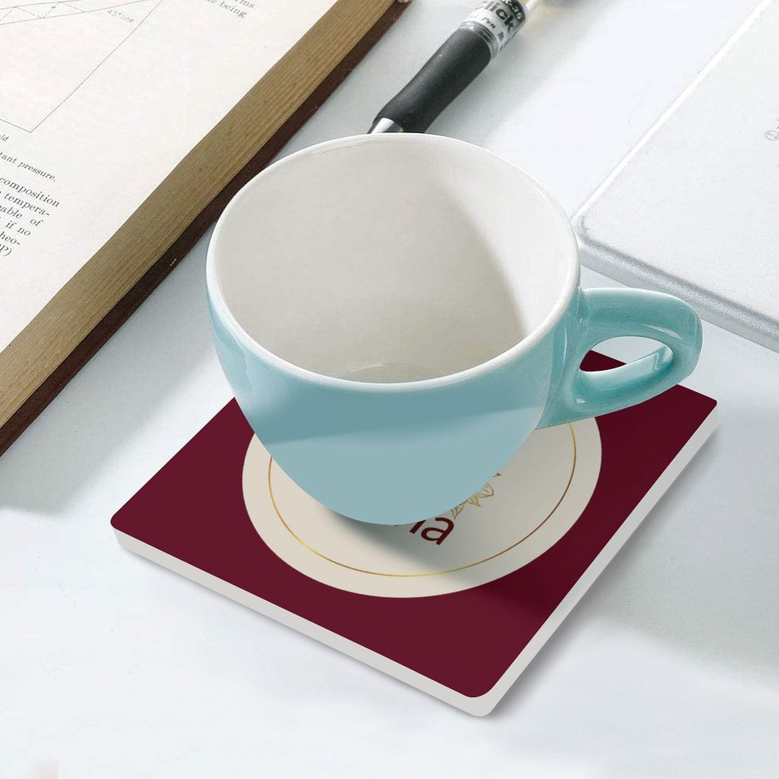 Cocoa Cafe Signature Collection Ceramic Coasters – Set of 4 or 6 | Cork Backing, Non-Slip, UV Print, 9.4 cm Square (Heat & Moisture Resistant)
