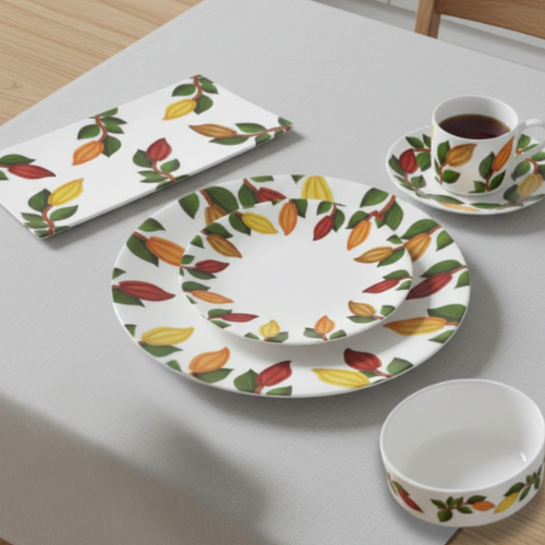 Nsoko Pods Diner Set – 16-Piece Service for 4 + Bone China Tray | Progress & Growth Symbol, Dishwasher Safe, Supports Ghana Cocoa Academy