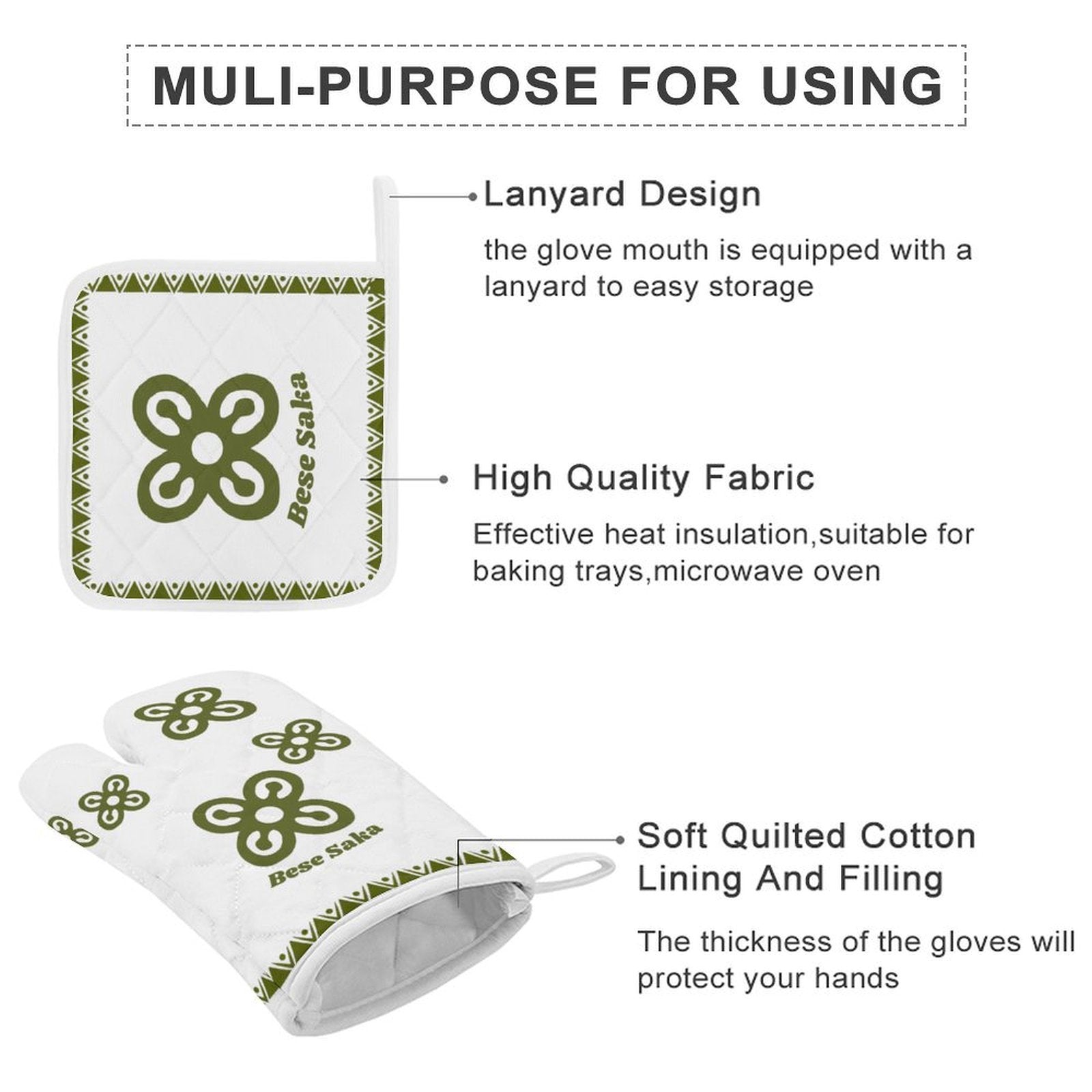 Bese Saka Oven Mitts & Pot Holder Set – 100% Polyester, Heat-Resistant, Built-in Loop, Regular Size (Abundance Symbol)