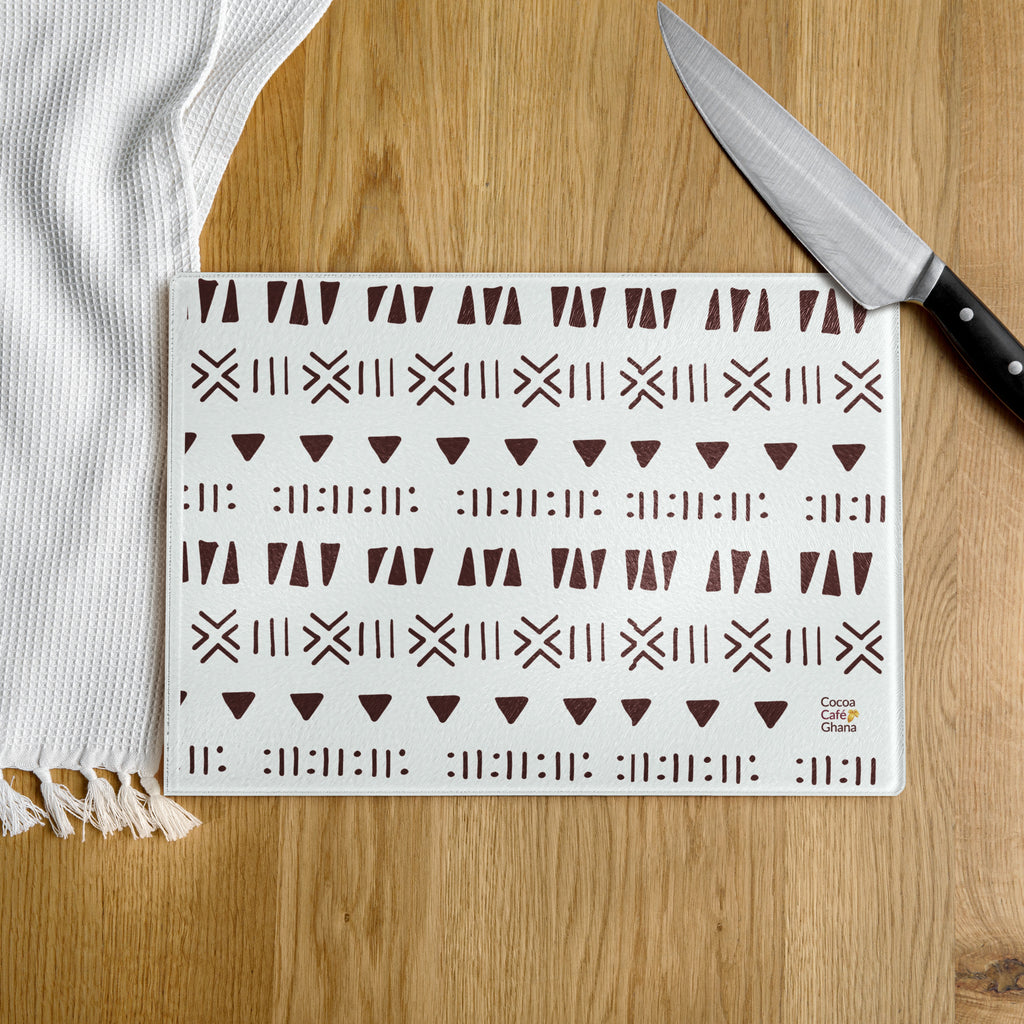 Mud Cloth Print Glass Cutting Board – Tempered Glass, Scratch-Resistant, 2 Sizes (8"x11" or 11"x15") with Rubber Dots