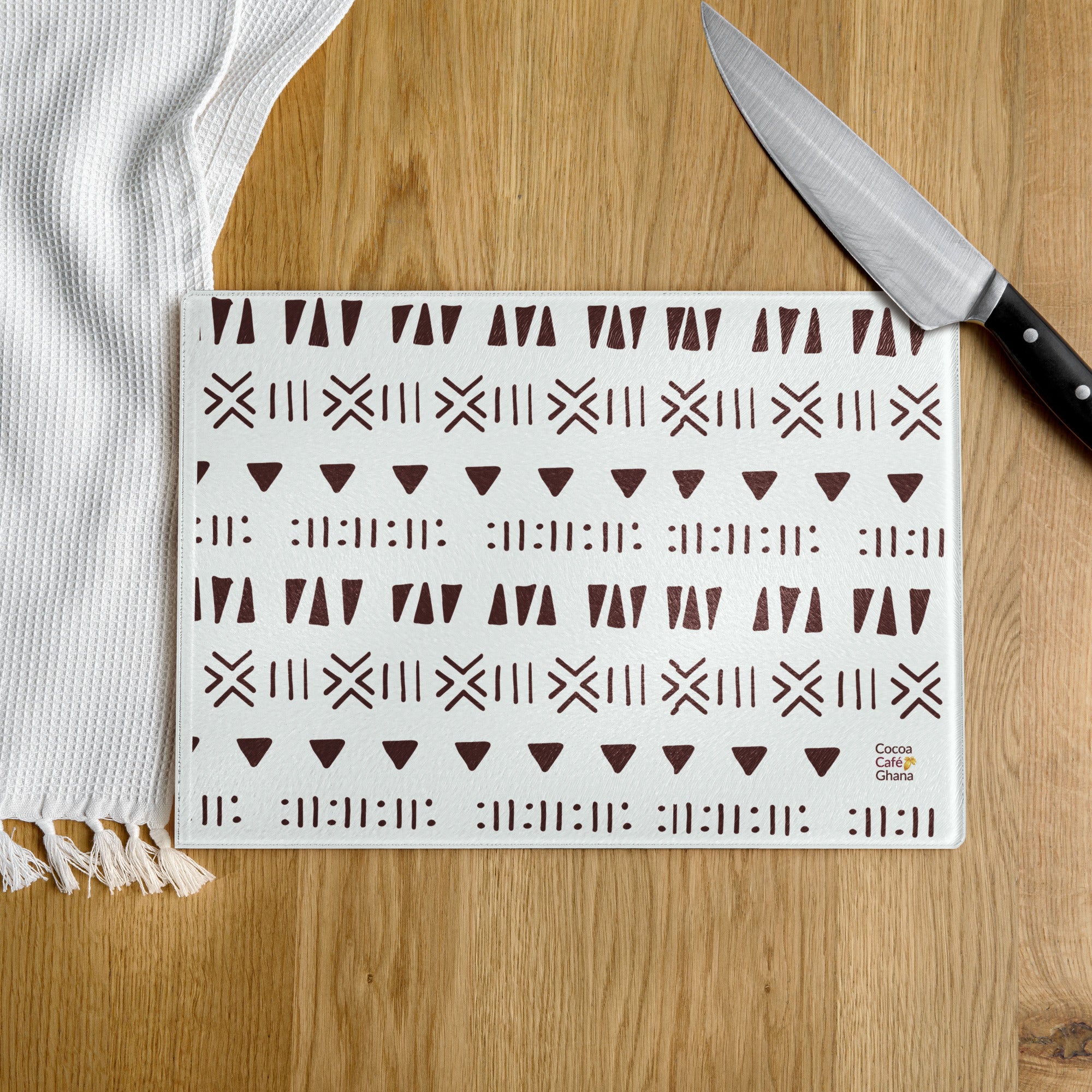 Mud Cloth Print Glass Cutting Board – Tempered Glass, Scratch-Resistant, 2 Sizes (8"x11" or 11"x15") with Rubber Dots