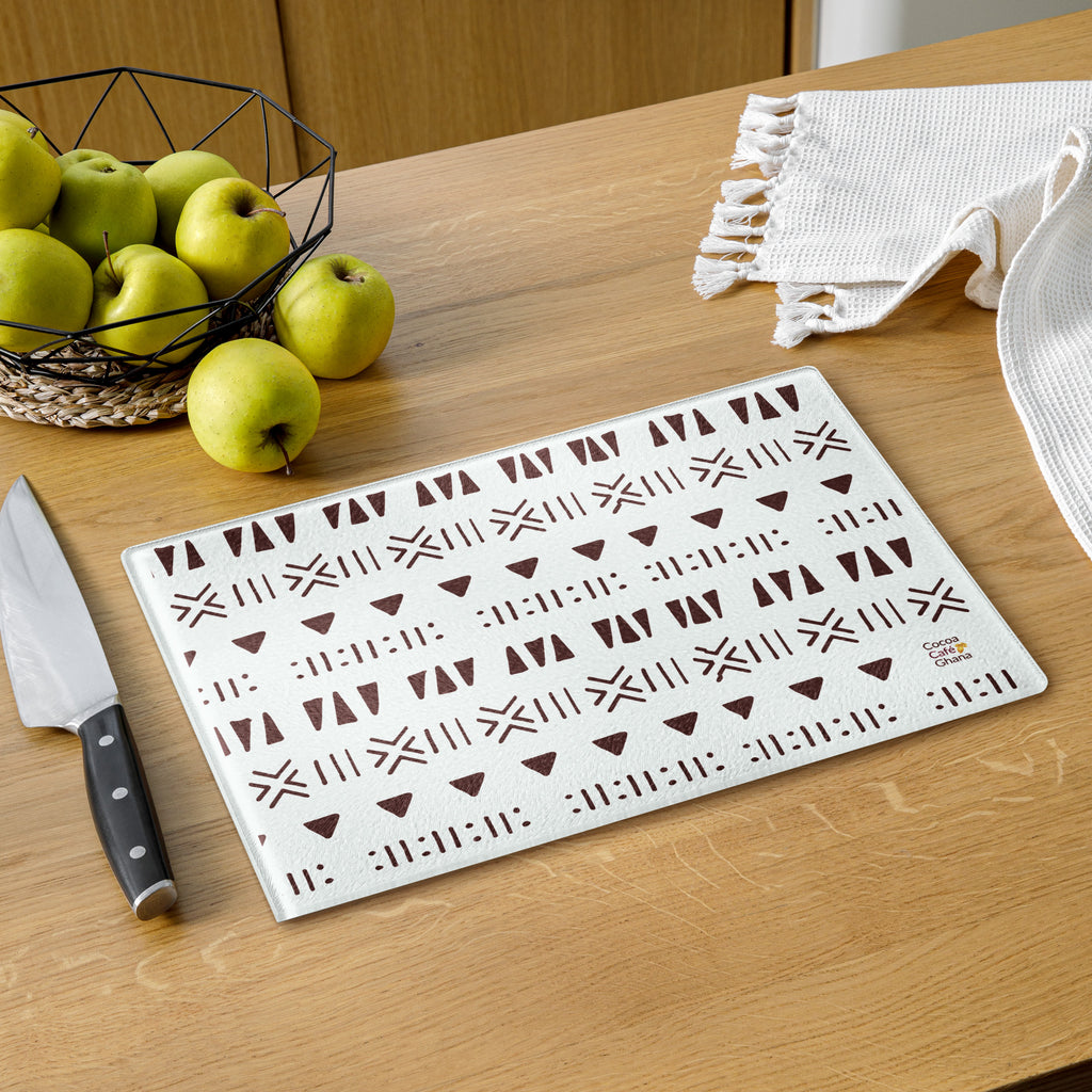 Mud Cloth Print Glass Cutting Board – Tempered Glass, Scratch-Resistant, 2 Sizes (8"x11" or 11"x15") with Rubber Dots