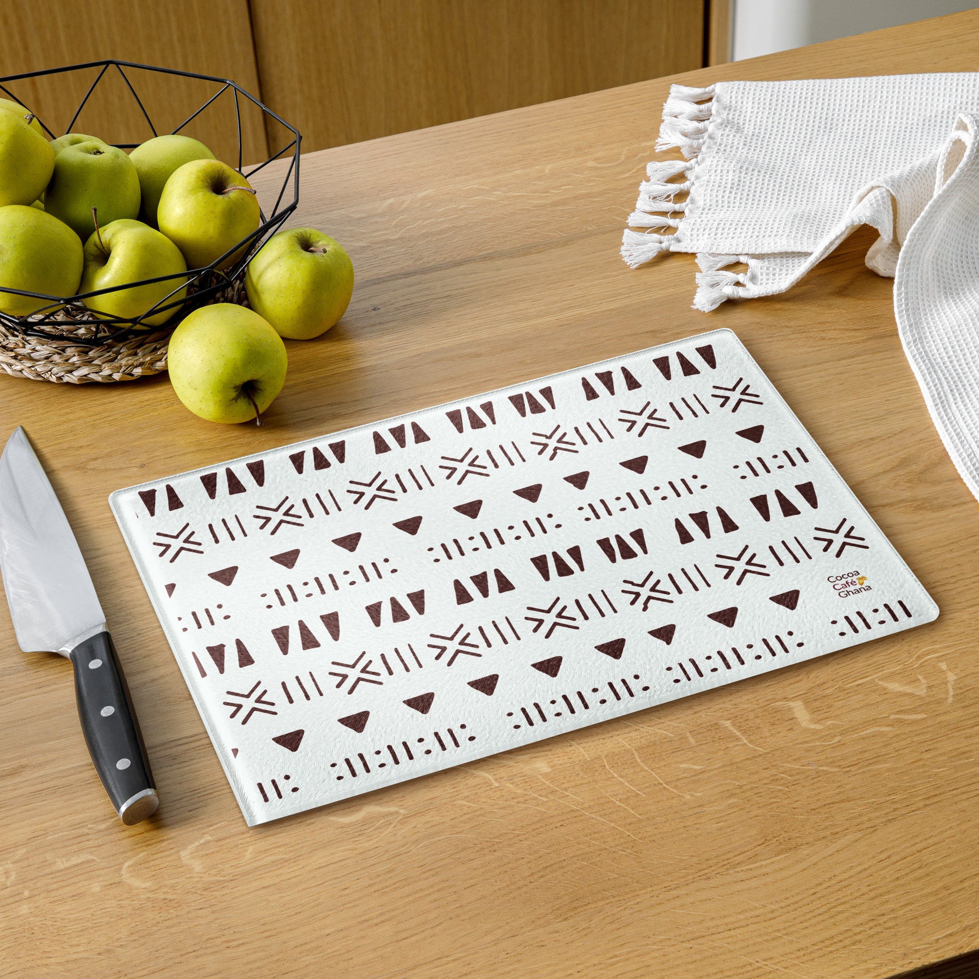 Mud Cloth Print Glass Cutting Board – Tempered Glass, Scratch-Resistant, 2 Sizes (8"x11" or 11"x15") with Rubber Dots