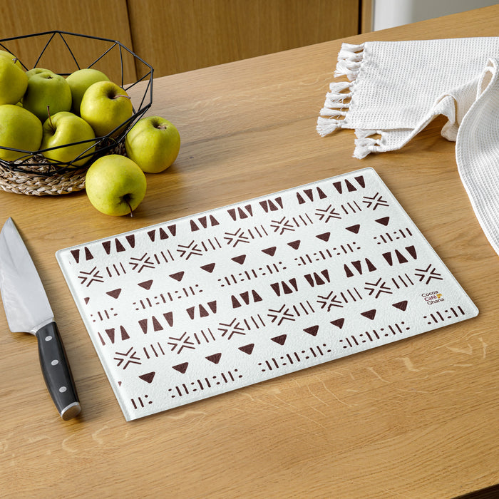 Mud Cloth Print Glass Cutting Board – Tempered Glass, Scratch-Resistant, 2 Sizes (8"x11" or 11"x15") with Rubber Dots
