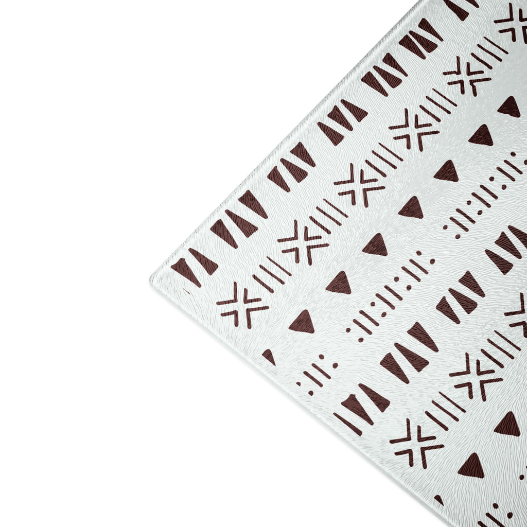 Mud Cloth Print Glass Cutting Board – Tempered Glass, Scratch-Resistant, 2 Sizes (8"x11" or 11"x15") with Rubber Dots