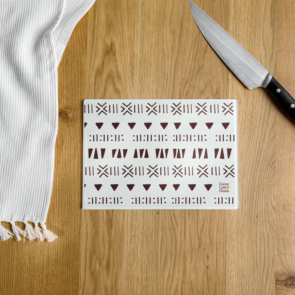 Mud Cloth Print Glass Cutting Board – Tempered Glass, Scratch-Resistant, 2 Sizes (8"x11" or 11"x15") with Rubber Dots