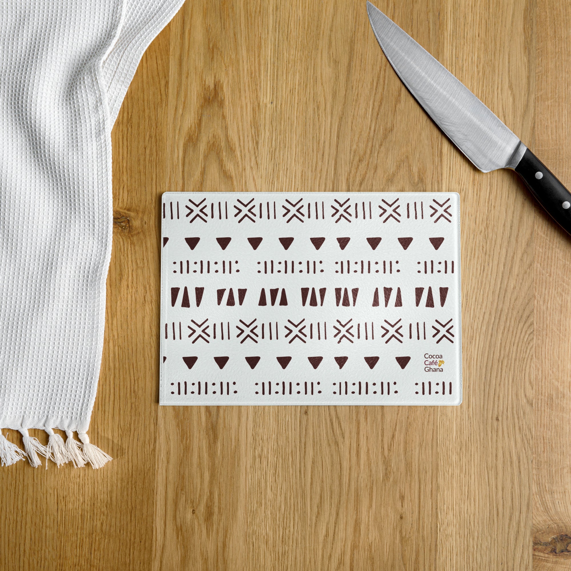 Mud Cloth Print Glass Cutting Board – Tempered Glass, Scratch-Resistant, 2 Sizes (8"x11" or 11"x15") with Rubber Dots