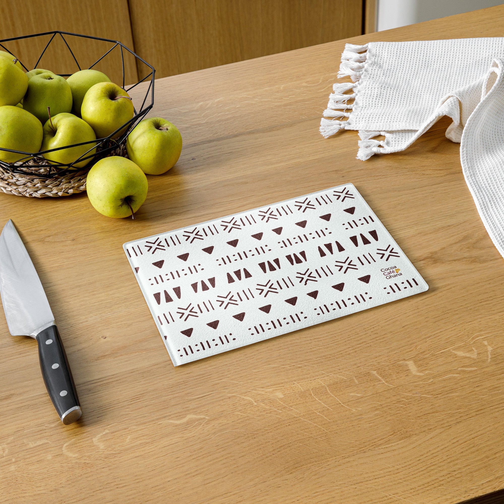 Mud Cloth Print Glass Cutting Board – Tempered Glass, Scratch-Resistant, 2 Sizes (8"x11" or 11"x15") with Rubber Dots