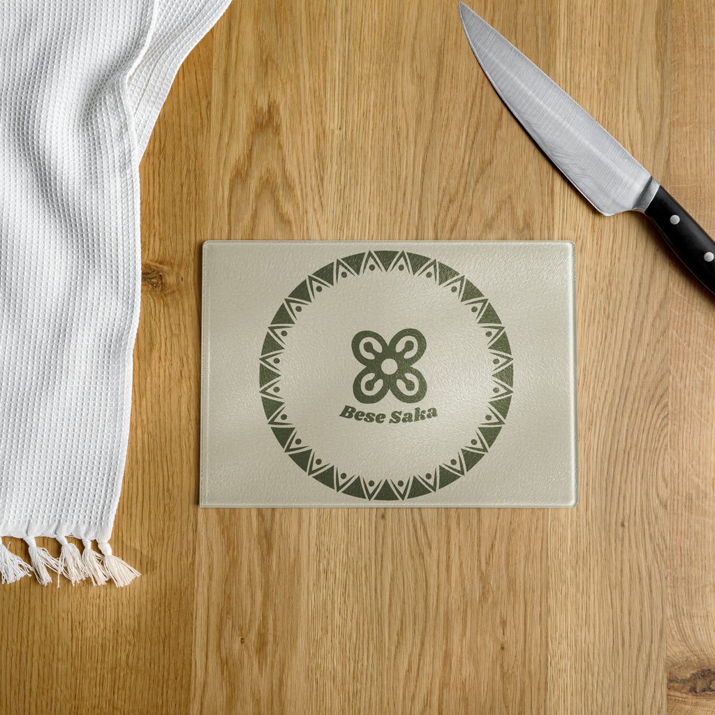 Bese Saka Cutting Board – Tempered Glass, 2 Sizes (8"x11" or 11"x15") | Scratch-Resistant, Non-Slip Rubber Dots, Adinkra Symbol