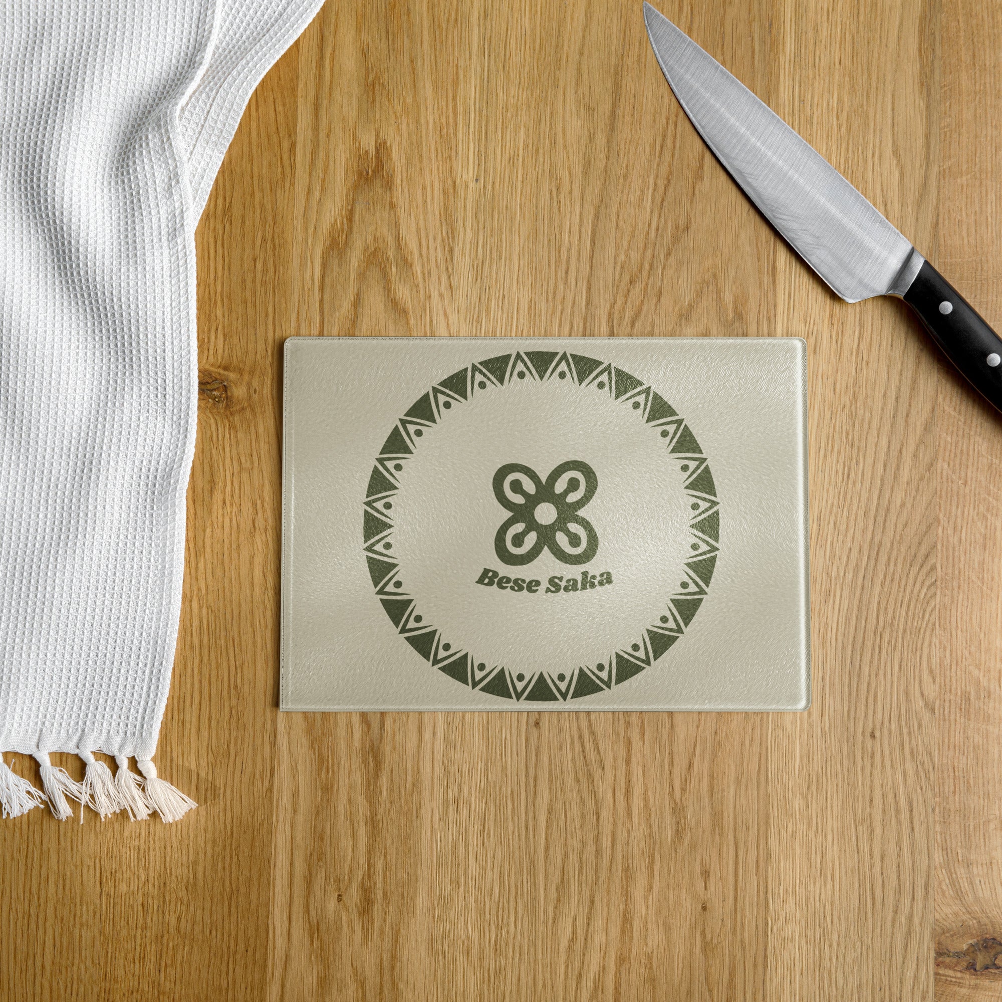 Bese Saka Cutting Board – Tempered Glass, 2 Sizes (8"x11" or 11"x15") | Scratch-Resistant, Non-Slip Rubber Dots, Adinkra Symbol
