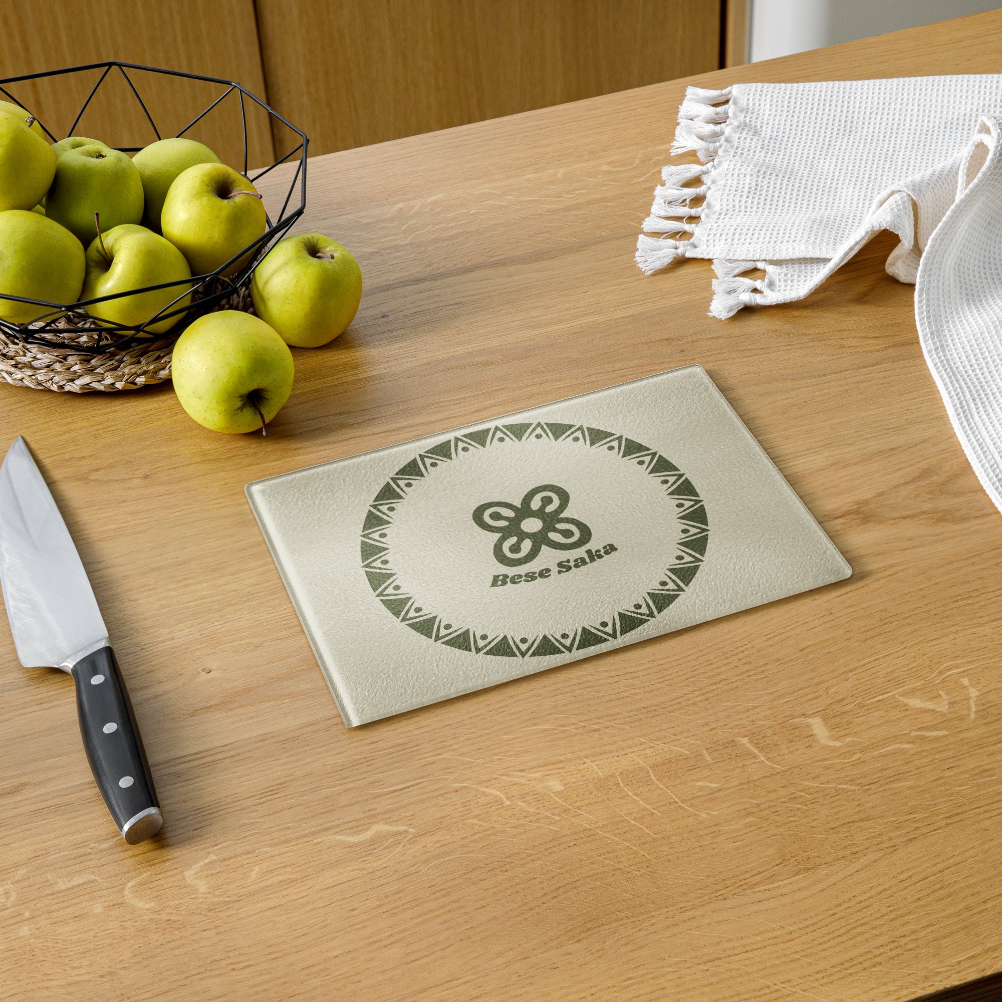 Bese Saka Cutting Board – Tempered Glass, 2 Sizes (8"x11" or 11"x15") | Scratch-Resistant, Non-Slip Rubber Dots, Adinkra Symbol