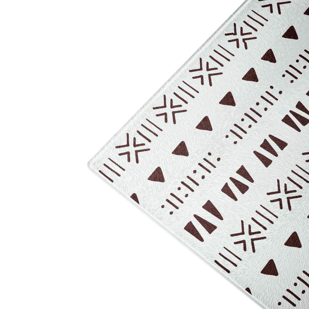 Mud Cloth Print Glass Cutting Board – Tempered Glass, Scratch-Resistant, 2 Sizes (8"x11" or 11"x15") with Rubber Dots