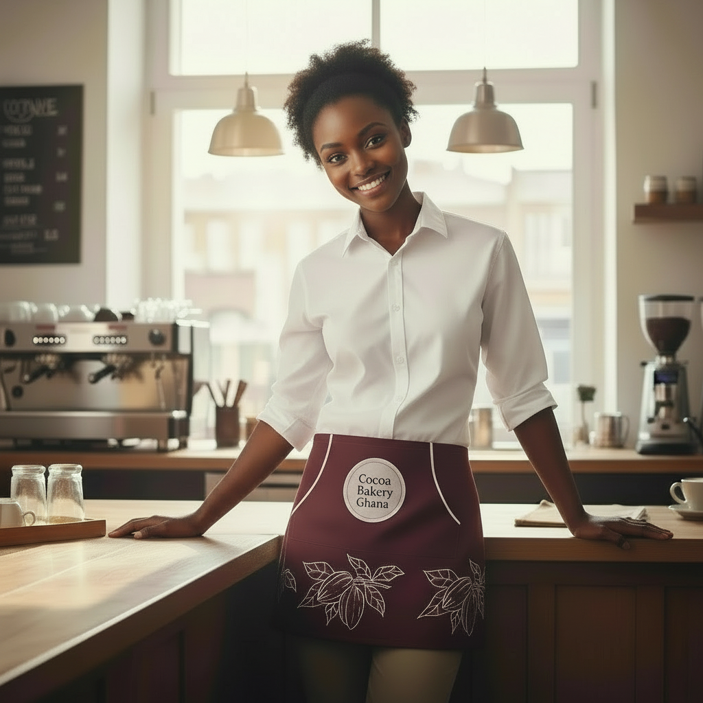 Cocoa Cafe Signature Collection – 600 GSM Leatherette Waist Apron | Adjustable, Water-Resistant, with Gold Cocoa Pods Logo