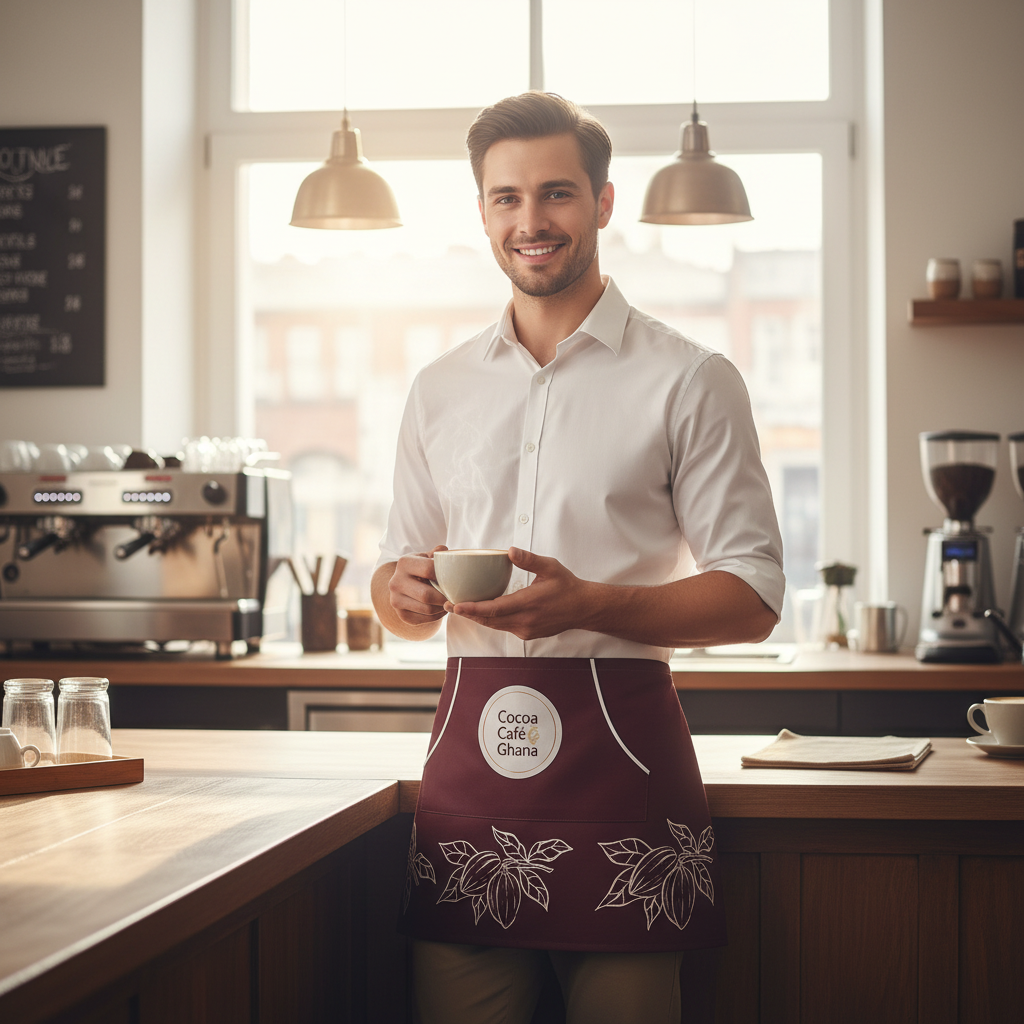 Cocoa Cafe Signature Collection – 600 GSM Leatherette Waist Apron | Adjustable, Water-Resistant, with Gold Cocoa Pods Logo